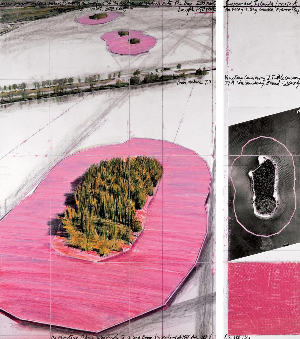 Drawing Fantasy Pink Islands Installation in Miami by land art artists Christo and Jeanne-Claude