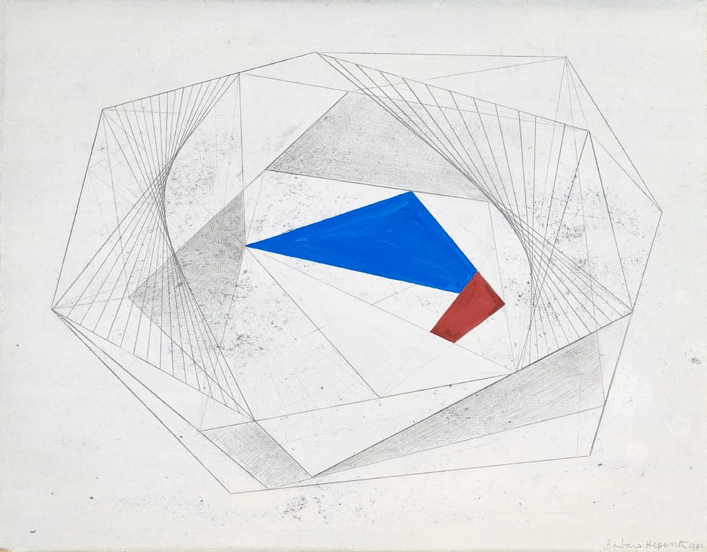 Barbara Hepworth abstract drawing with geometric pencil lines, a blue triangle and red shape on cream ground, signed 1961
