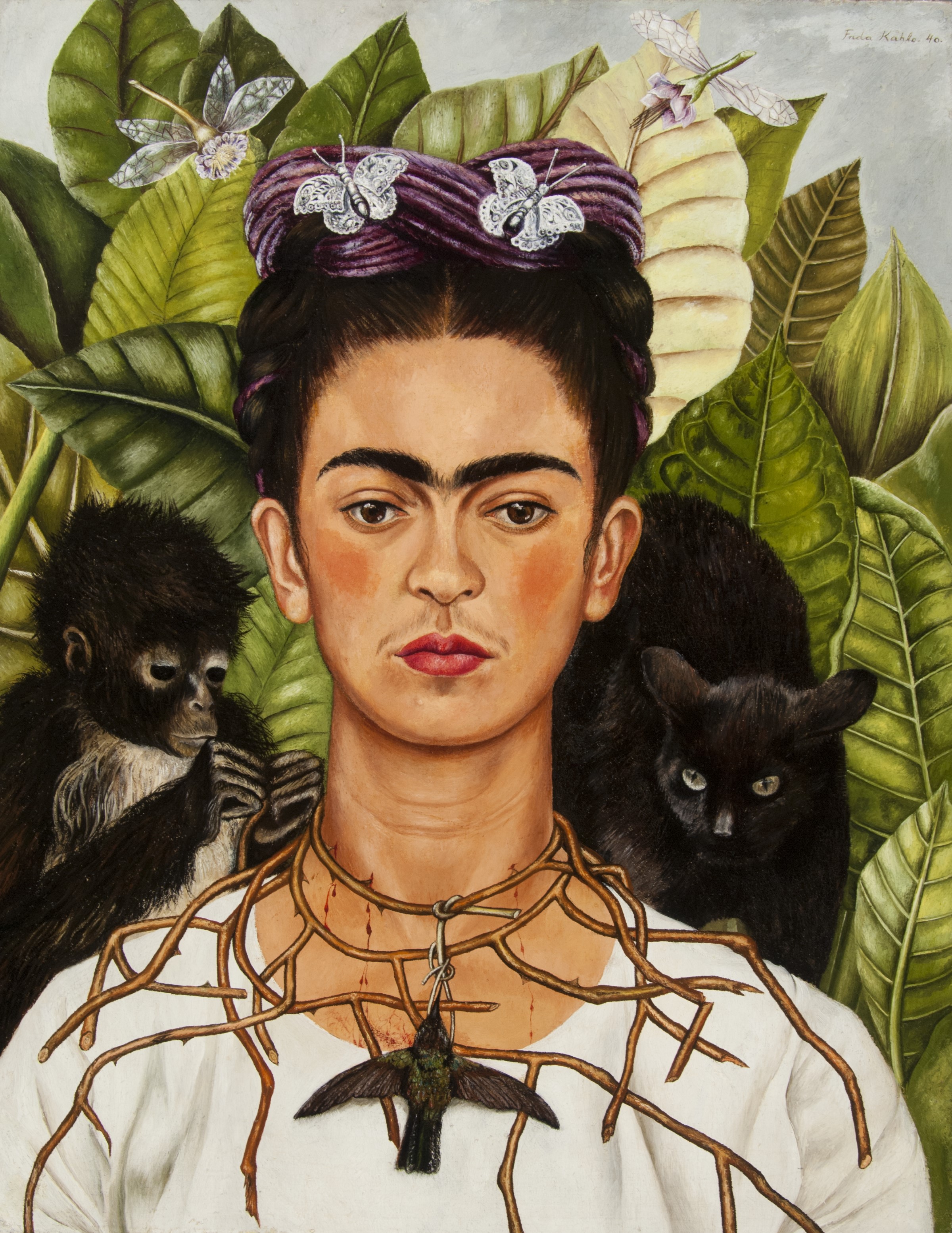 Frida Kahlo Self-Portrait with Thorn Necklace and Hummingbird, framed by leaves, a black monkey, and a black cat.