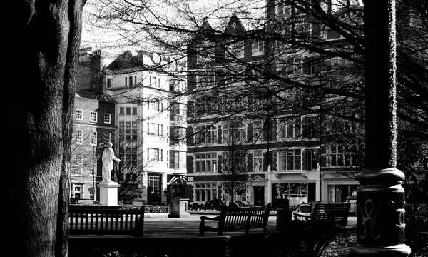 Black-and-white view of Frith Street Gallery and historic buildings framed by trees in a London square