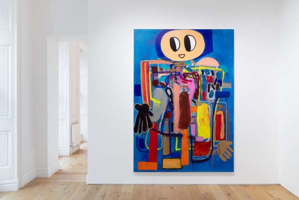 André Butzer painting with cartoon face on vibrant blue canvas, installed at Galerie Max Hetzler London 2024