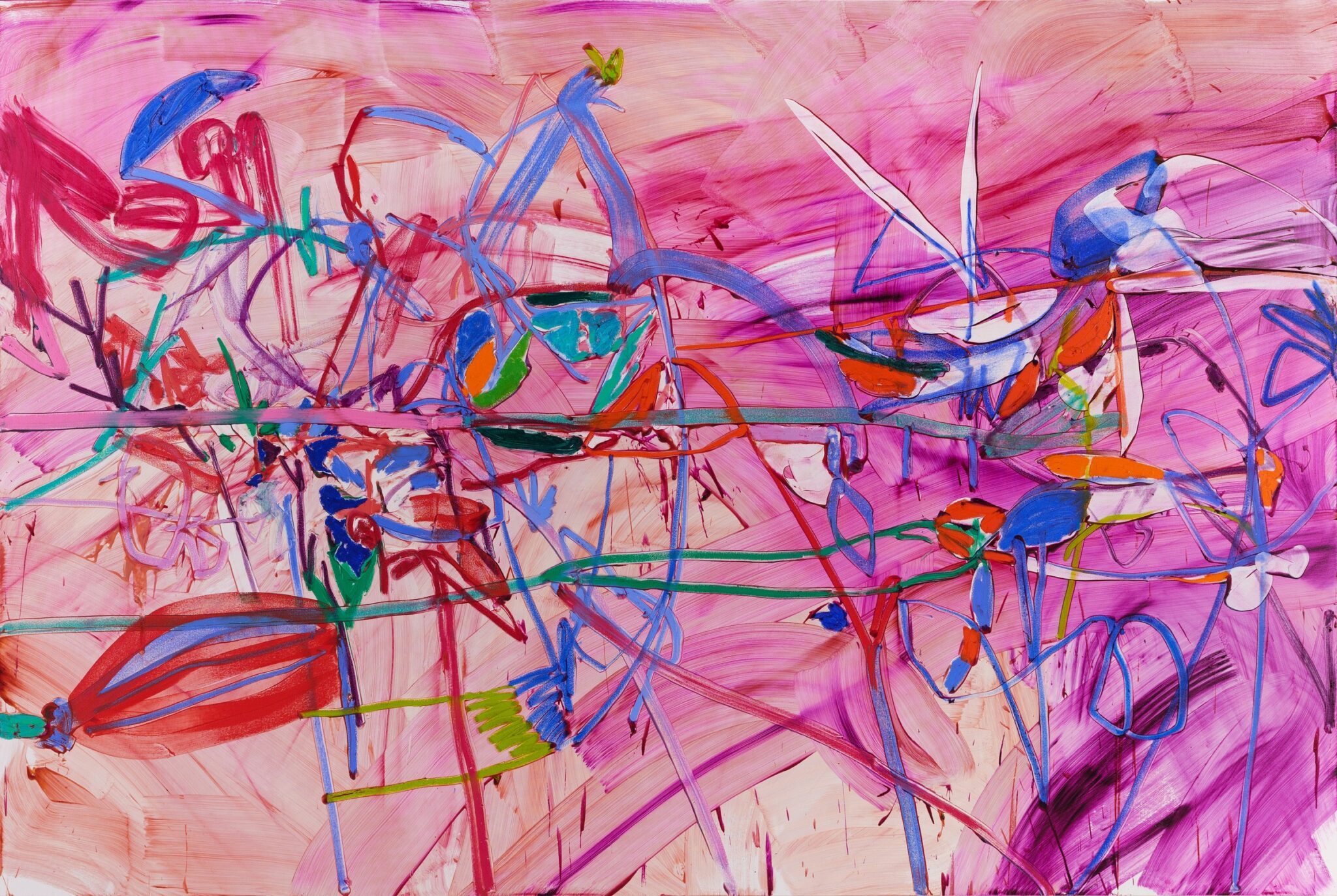 Abstract gestural painting with energetic blue, red, green, and orange brushstrokes on a vibrant pink background by Jade Fadojutimi.