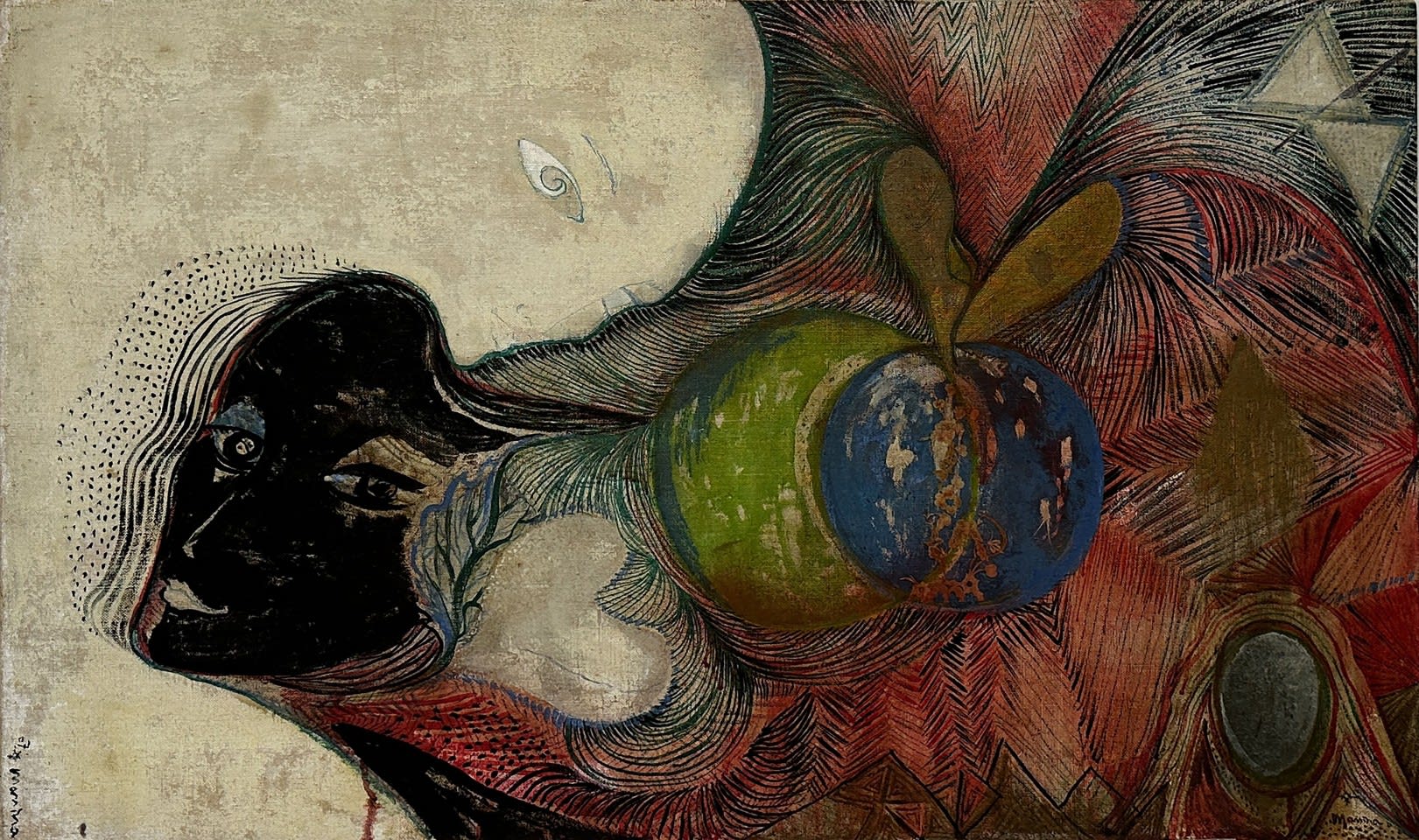 Manina's 'Marriage Alchemique' (1967), surrealist mixed media painting with a dark profiled face and blue-green spheres