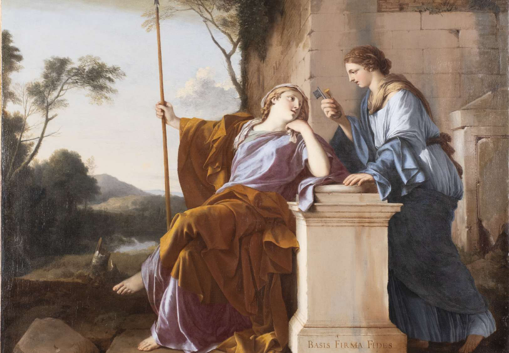 Baroque allegory of two robed women by a stone pedestal inscribed 'Basis Firma Fides,' one holding a spear, in a landscape