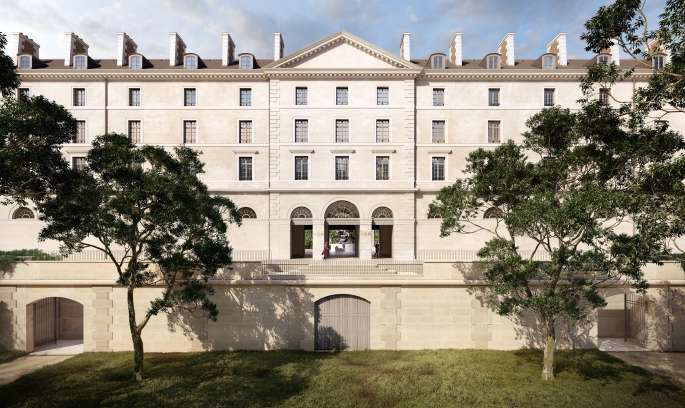 Fine Arts Paris 2026 neoclassical stone facade with arched entrance, framed by mature trees and lawn