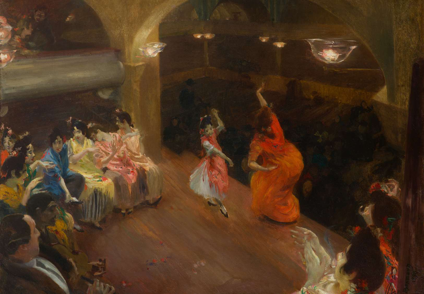 Impressionist oil painting of flamenco dancers in orange and pink dresses performing in a dim tavern, Fine Arts Paris 2026